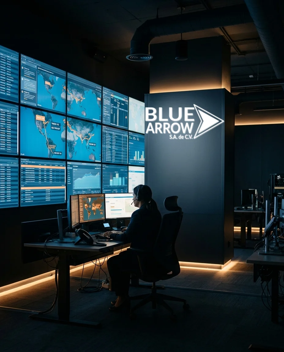 Centro de operaciones Blue Arrow monitoreando flota durante la noche