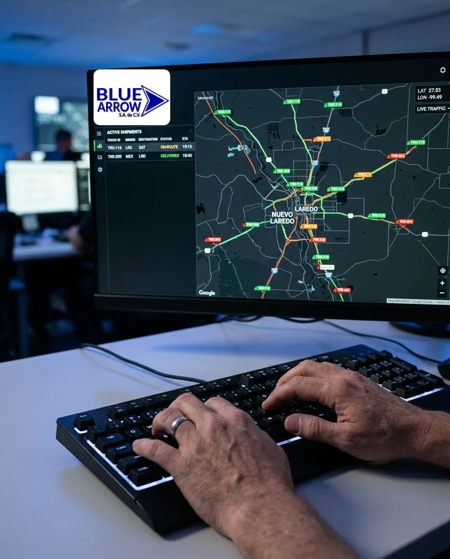 Dashboard de rastreo satelital Blue Arrow con mapa GPS en tiempo real